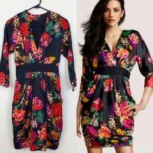 H & M Conscious Collection Kimono Dress Black Floral Pockets US 4